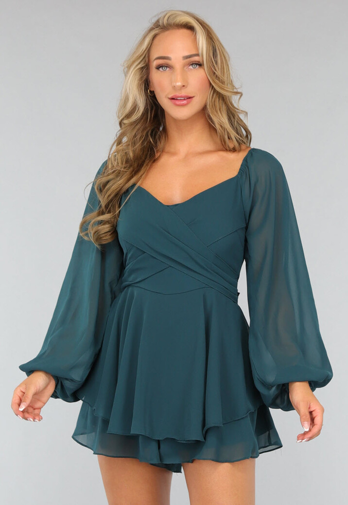 Donkergroene Chiffon Ruffle Playsuit met Strikdetail