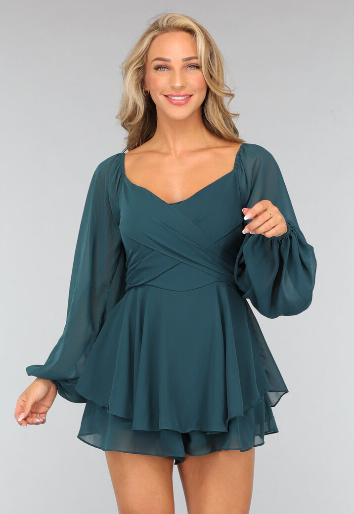 Donkergroene Chiffon Ruffle Playsuit met Strikdetail