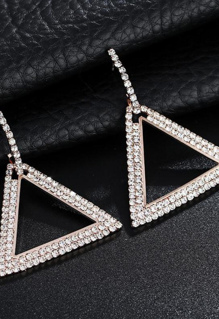 Rosé Gouden Stainless Driehoek Oorbellen met Glitter Steentjes