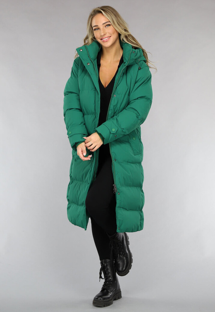 Groene Lange Gewatteerde Winterjas met Tailleband