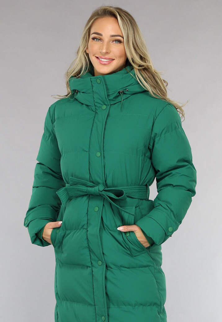 Groene Lange Gewatteerde Winterjas met Tailleband