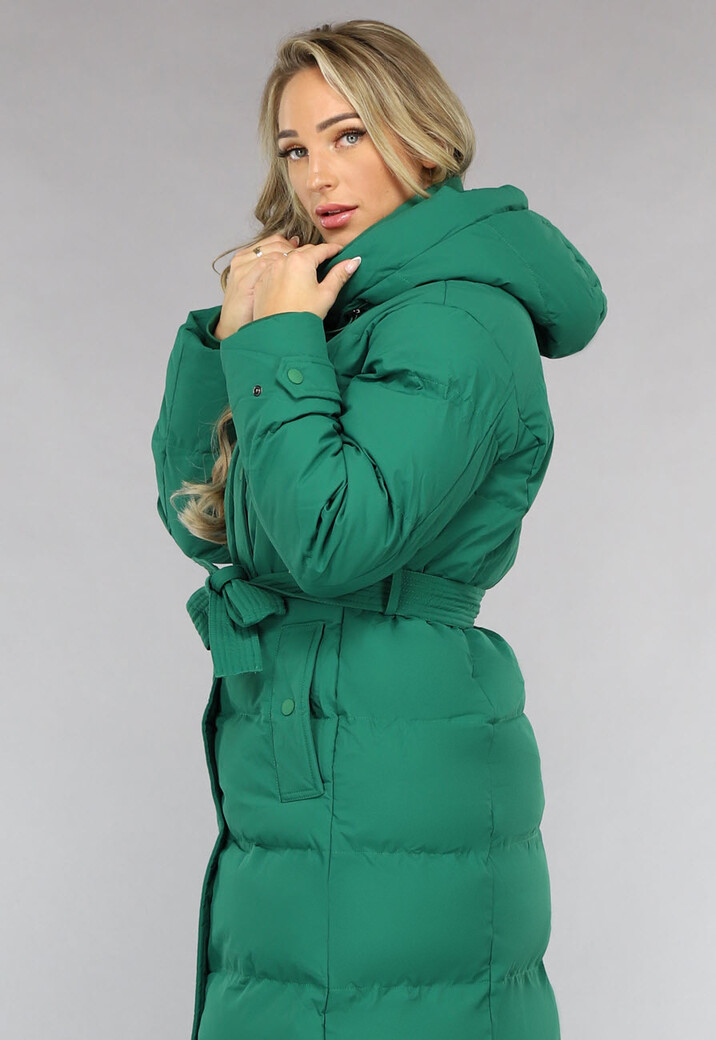 Groene Lange Gewatteerde Winterjas met Tailleband
