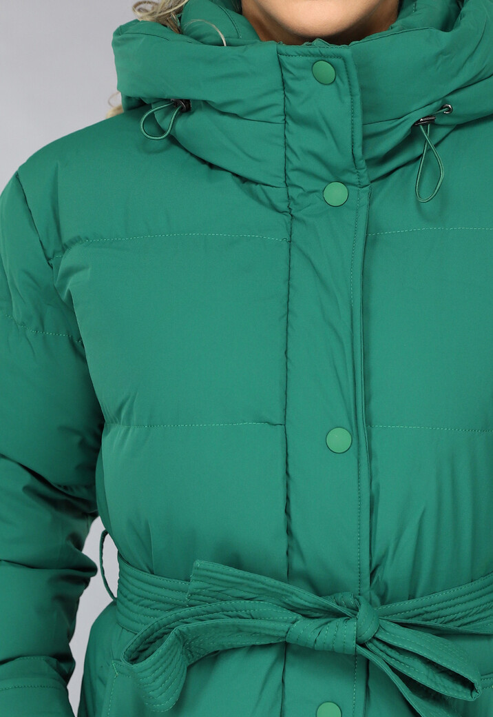 Groene Lange Gewatteerde Winterjas met Tailleband