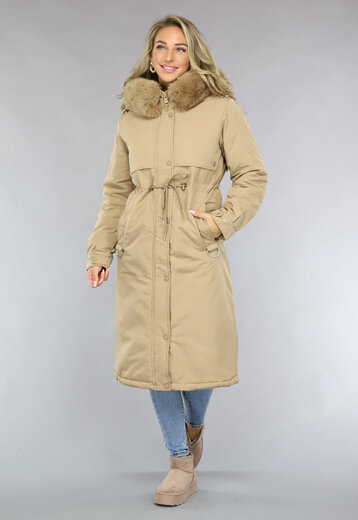 OP=OP! Lange Camel Parka met Faux Fur Bontkraag