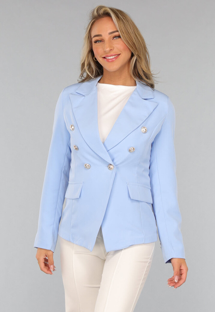 Lichtblauwe Button Blazer met Schoudervulling