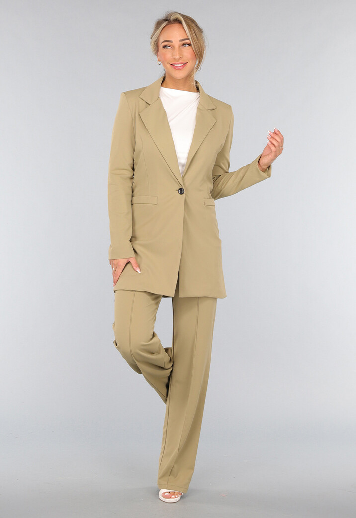 Khaki Stretch Blazer met Schoudervulling