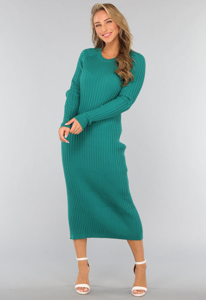Zeegroene Longsleeve Rib Midi Jurk