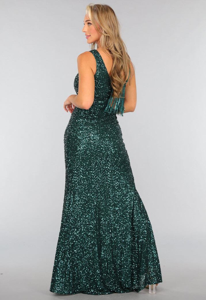 Donkergroene Pailletten Galajurk met Franjes