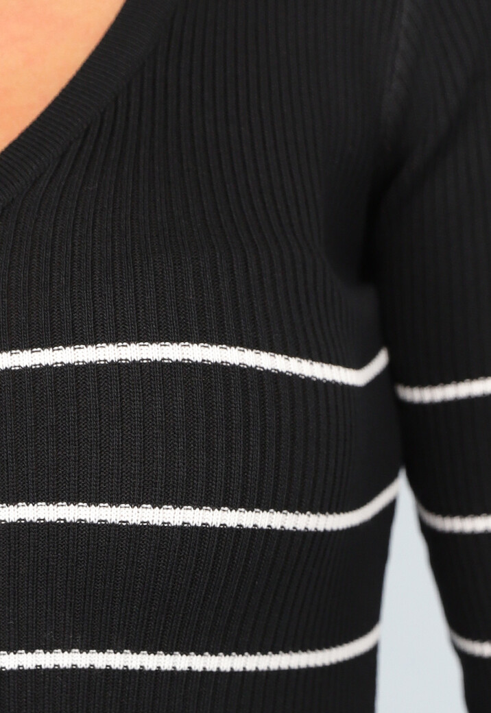 Zwarte Rib Midi Jurk met Streep Patroon en Split