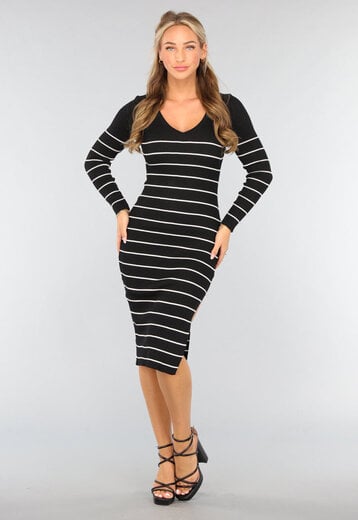 NEW1809 Zwarte Rib Midi Jurk met Streep Patroon