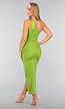 Groene Glanzende Midi Jurk met Pads
