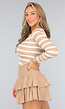 Beige Gestreepte Rib Top met Lange Mouwen