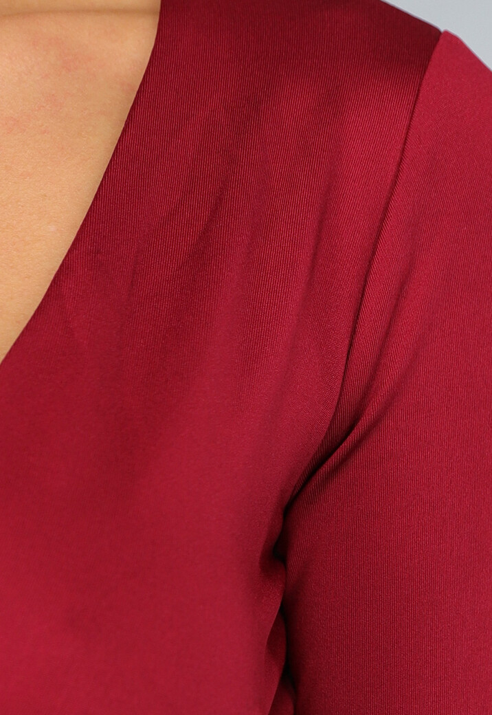 Bordeaux Rode V Hals Crop Top met Lange Mouwen