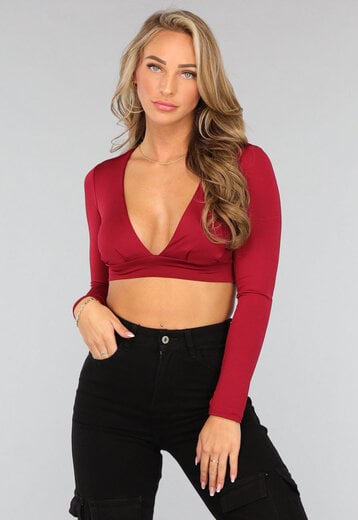 NEW1809 Bordeaux Rode V Hals Crop Top