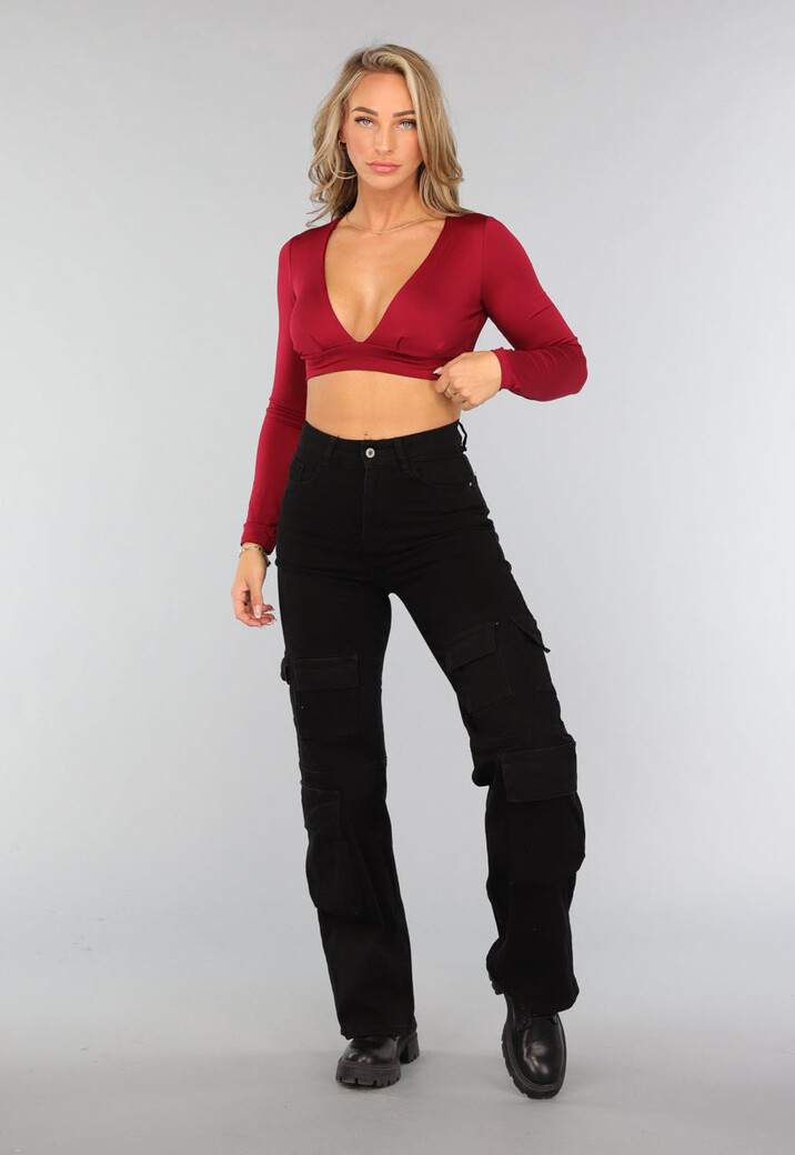 Bordeaux Rode V Hals Crop Top met Lange Mouwen