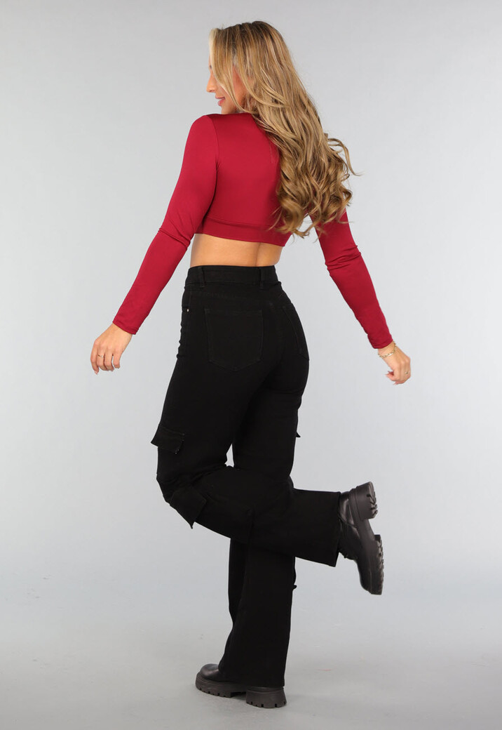 Bordeaux Rode V Hals Crop Top met Lange Mouwen