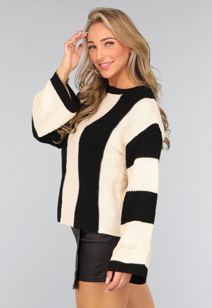 Gestreepte Zwart/Beige Trui met Wijde Mouwen