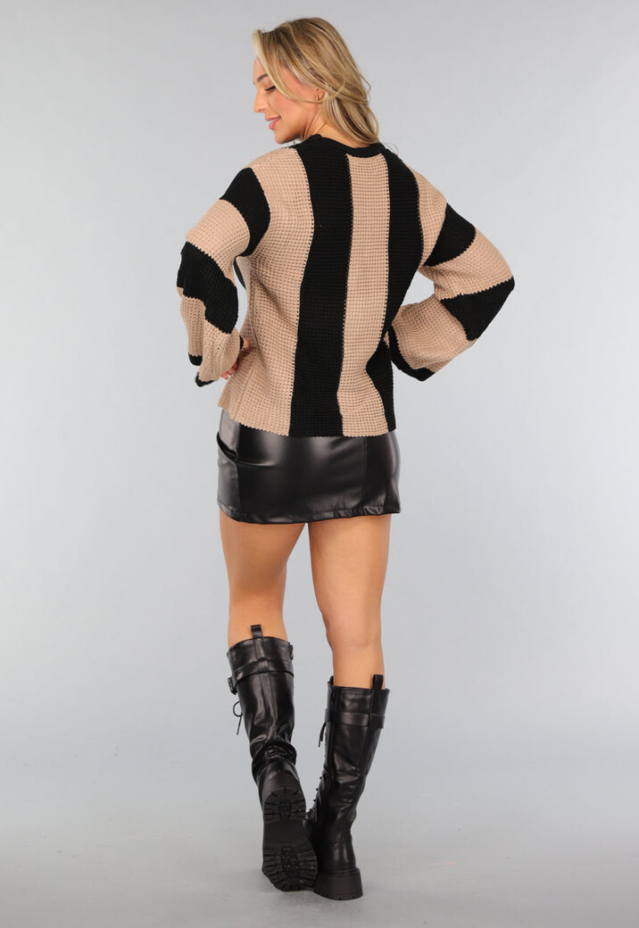 Gestreepte Trui met Wijde Mouwen in Taupe