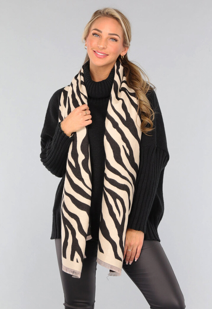 Grote Omslagdoek met Zebra Print in Beige