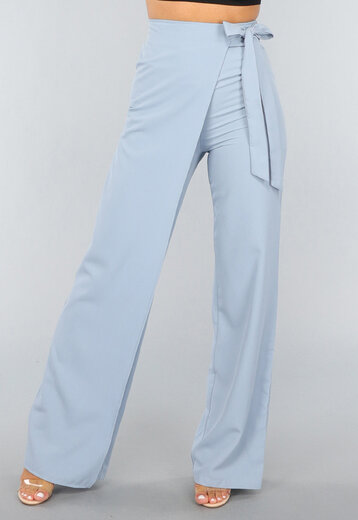 NEW1809 Blauwe Wide Leg Pantalon met Strikdetail