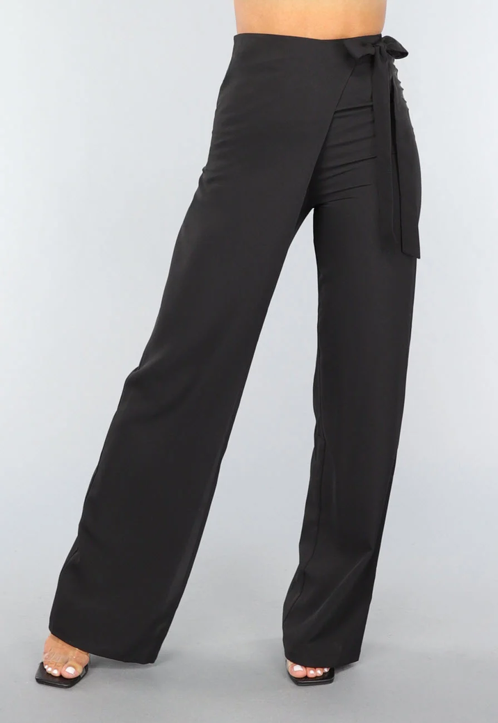 Zwarte Wide Leg Overslag Pantalon met Strikdetail