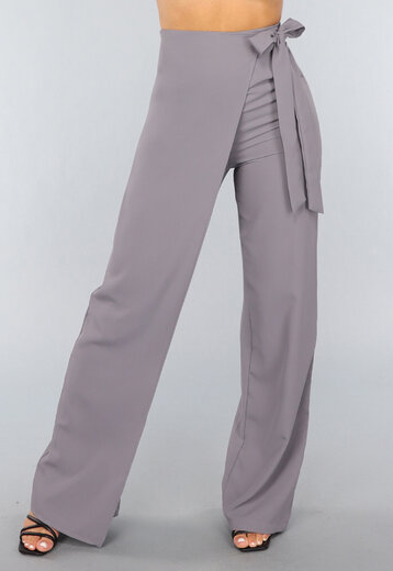 NEW2509 Grijze Pantalon met Wijde Pijpen en Strikdetail