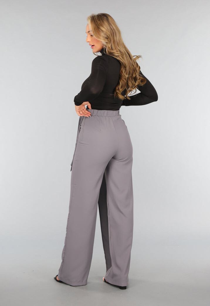 Grijze Pantalon met Wijde Pijpen en Strikdetail