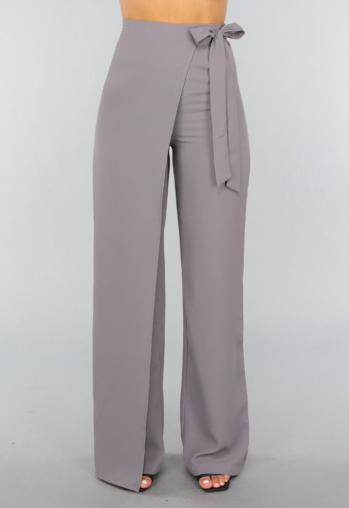 Grijze Pantalon met Wijde Pijpen en Strikdetail