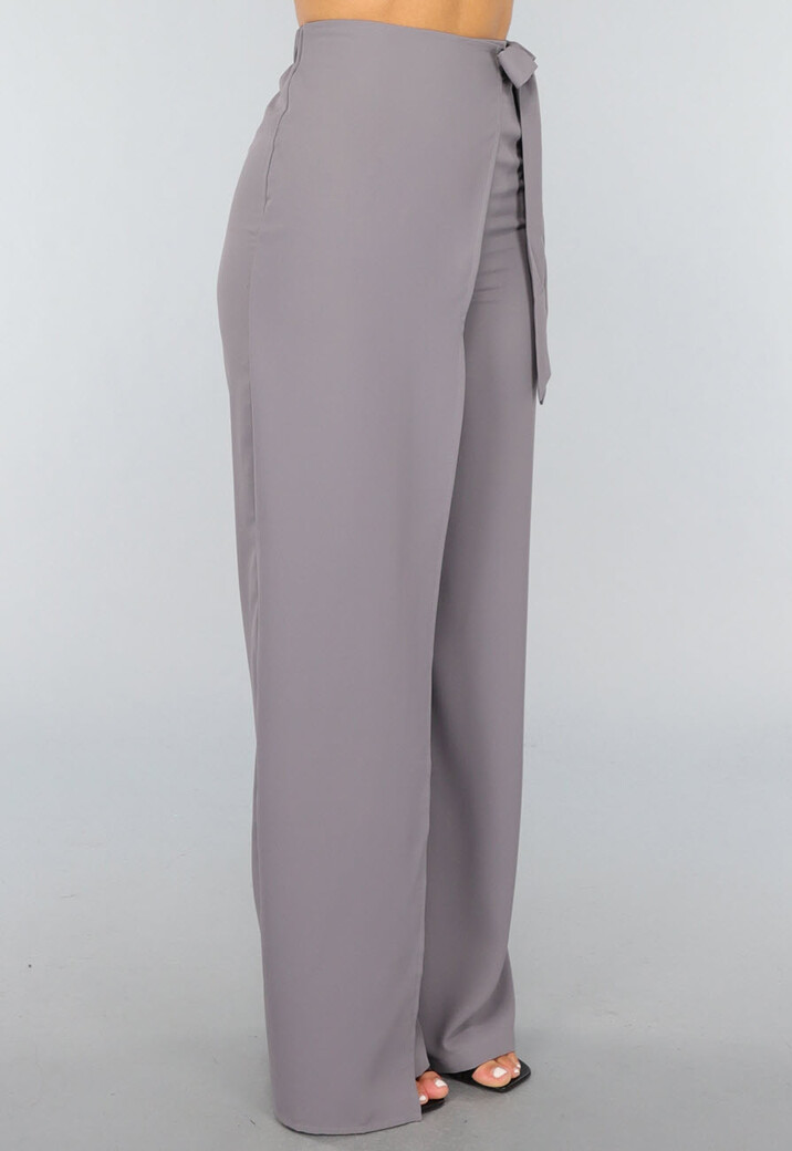 Grijze Pantalon met Wijde Pijpen en Strikdetail