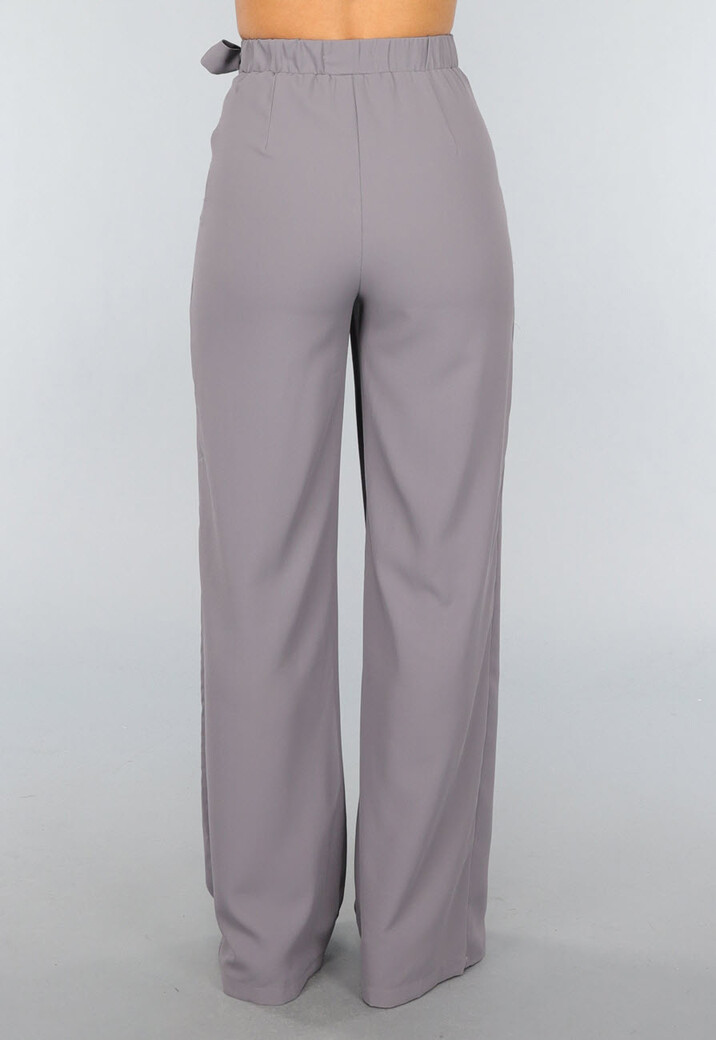 Grijze Pantalon met Wijde Pijpen en Strikdetail