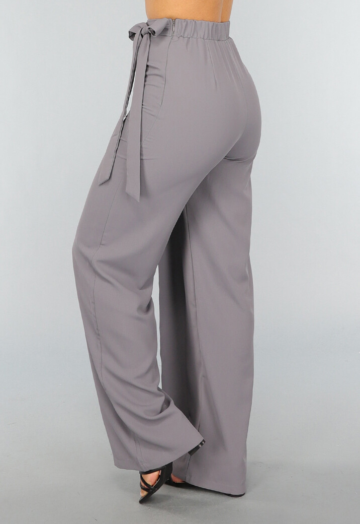 Grijze Pantalon met Wijde Pijpen en Strikdetail