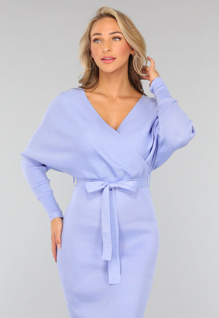 Lichtblauwe Ribstof Overslag Jurk met Ceintuur