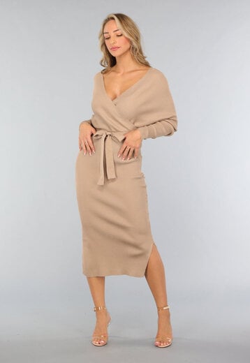 NEW2509 Beige Longsleeve Ribstof Jurk met Tailleband