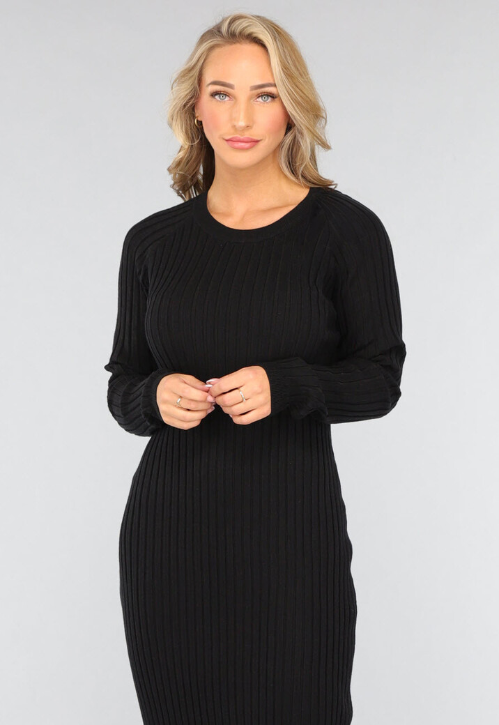 Zwarte Longsleeve Ribstof Jurk