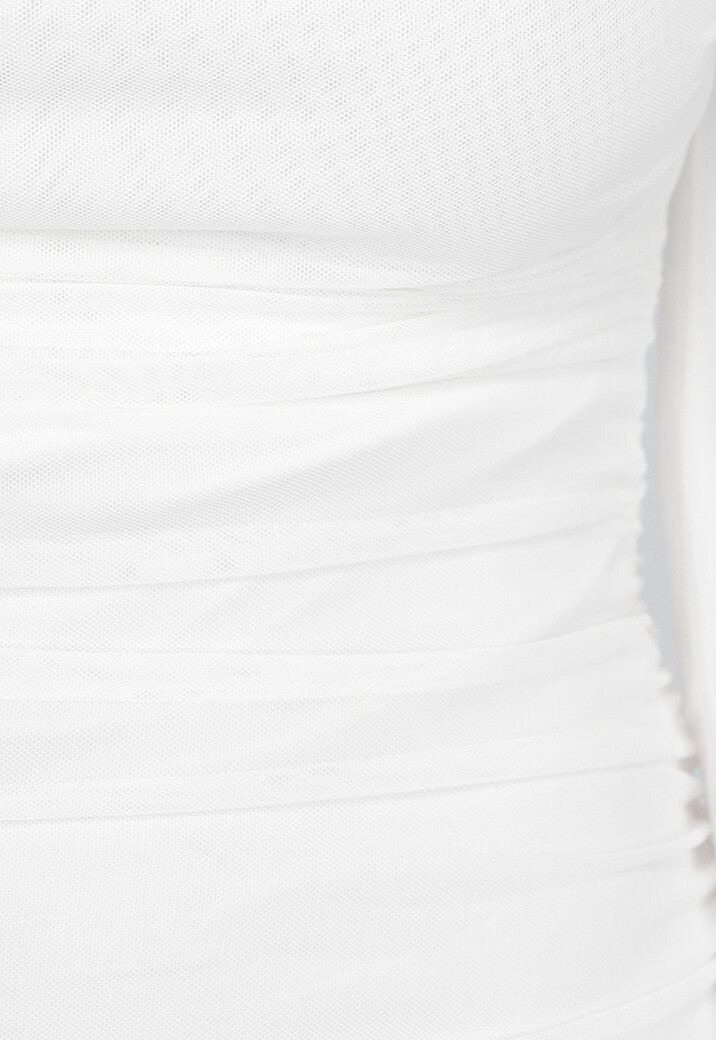 Witte Gedrapeerde Mesh Jurk met Pofmouwen