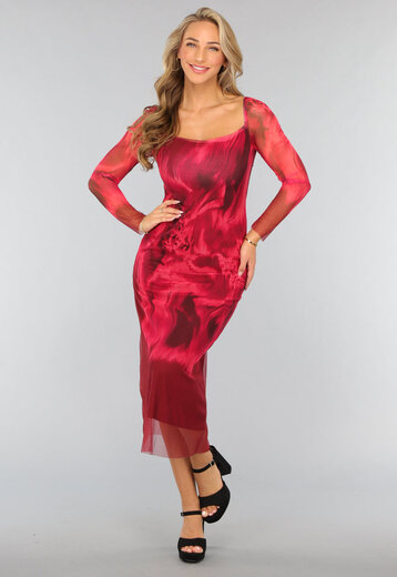 Rode Longsleeve Mesh Jurk met Marble Print