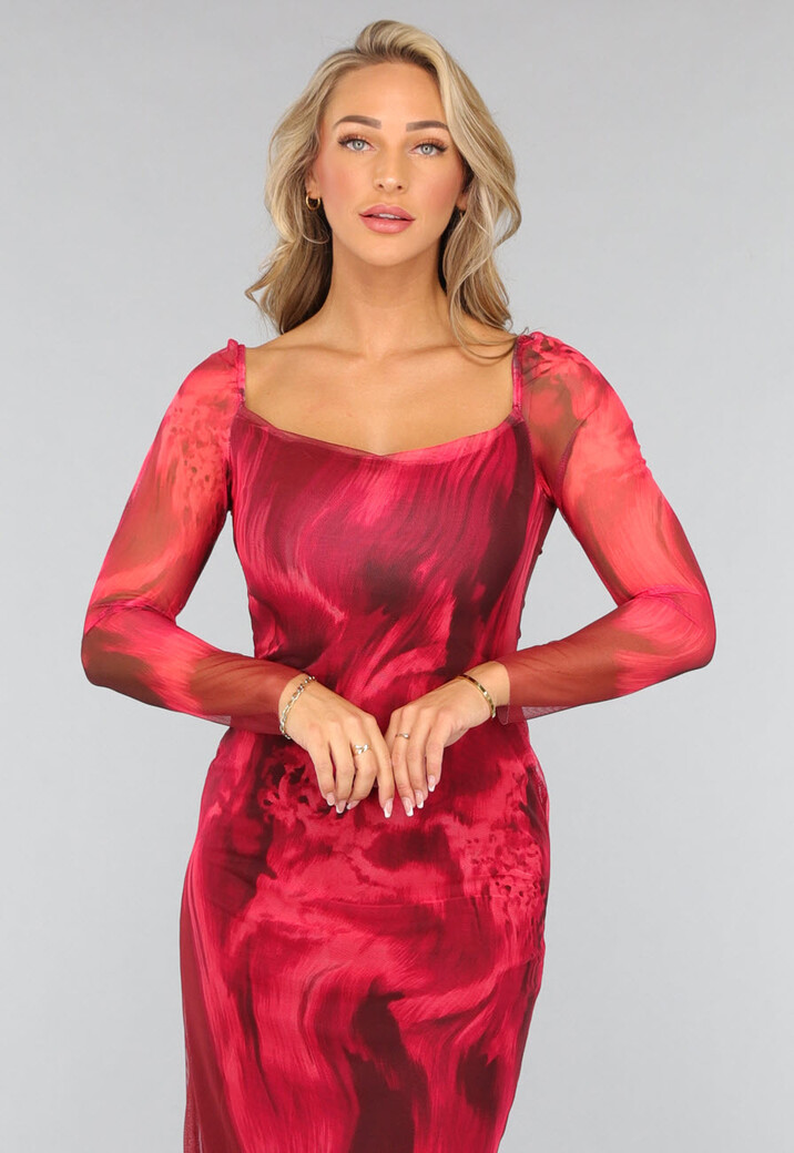 Rode Longsleeve Mesh Jurk met Marble Print