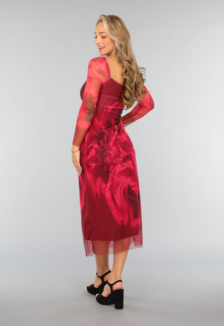 Rode Longsleeve Mesh Jurk met Marble Print