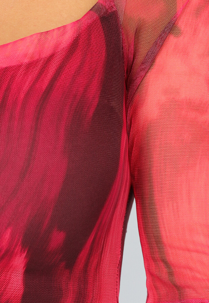 Rode Longsleeve Mesh Jurk met Marble Print