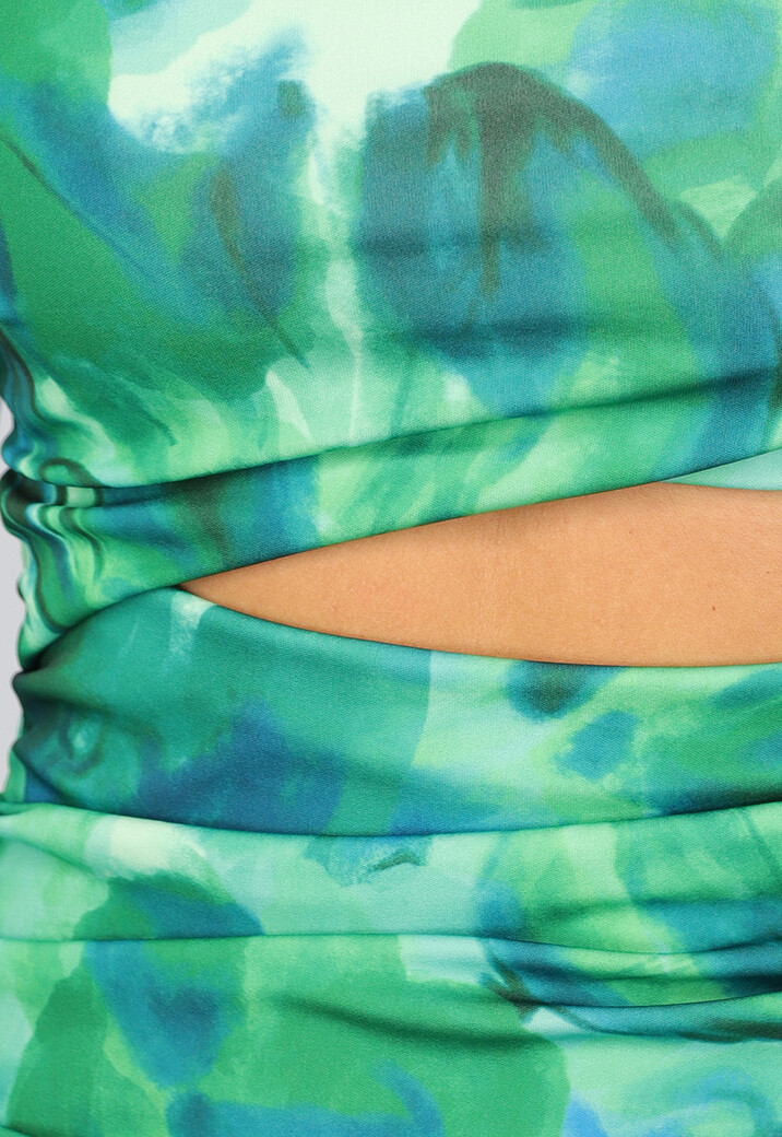 Groene Bloemenprint Jurk met Schoudervulling