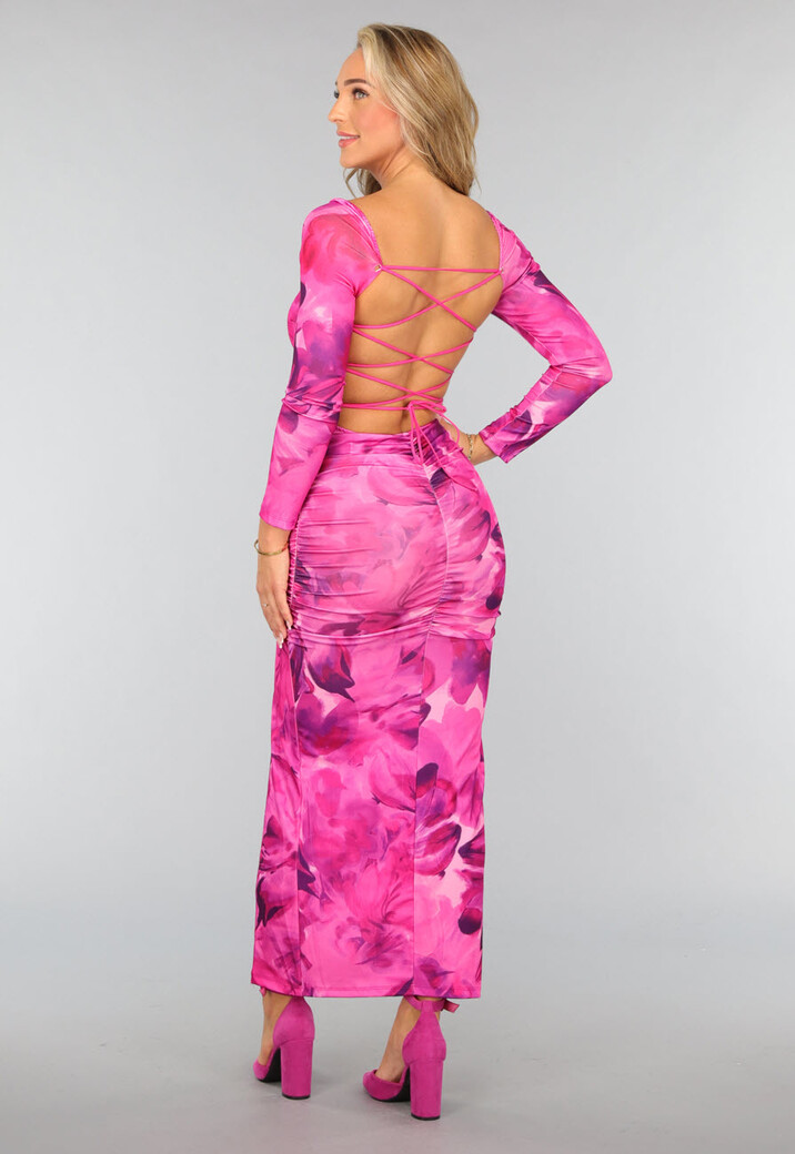 Fuchsia Bloemen Jurk met Open Rug