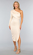 Beige Glanzende One Sleeve Midi Jurk