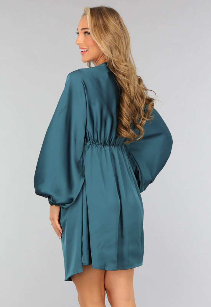 Petrol Satin Jurk met Lange Mouwen