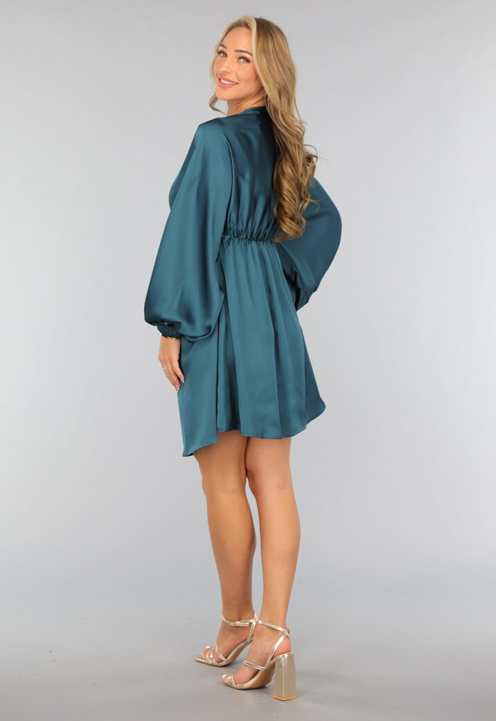 Petrol Satin Jurk met Lange Mouwen