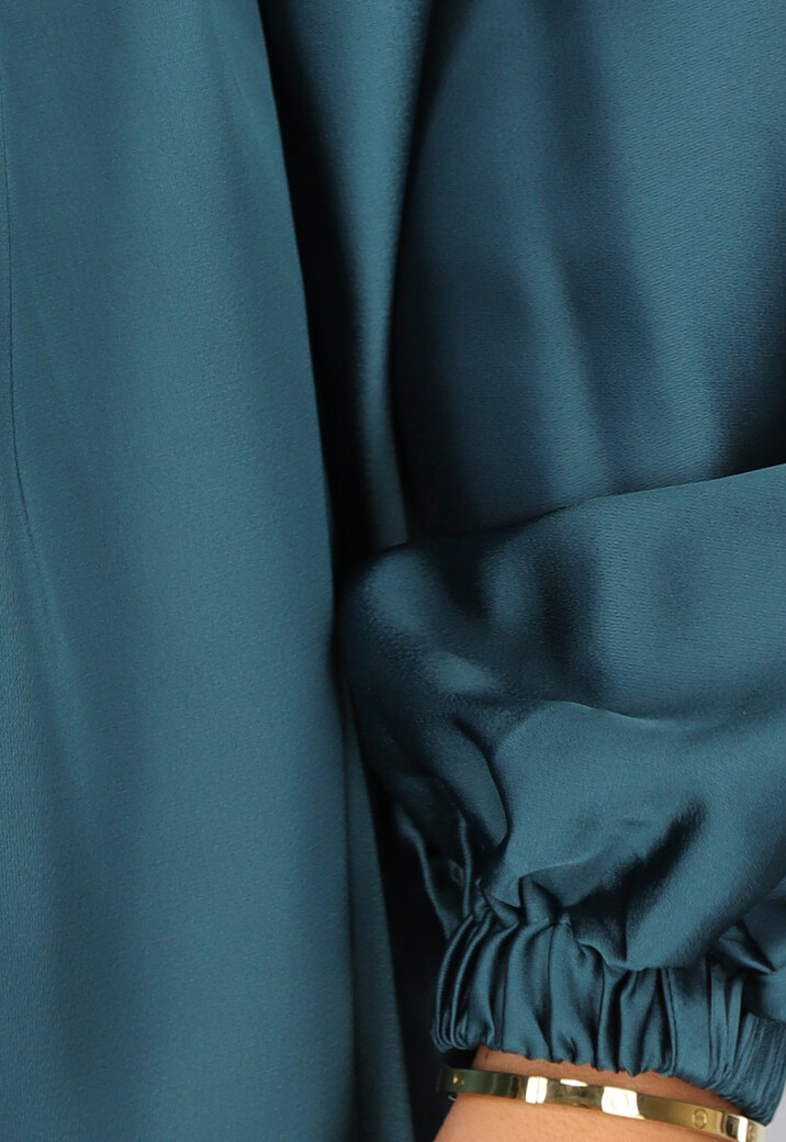 Petrol Satin Jurk met Lange Mouwen