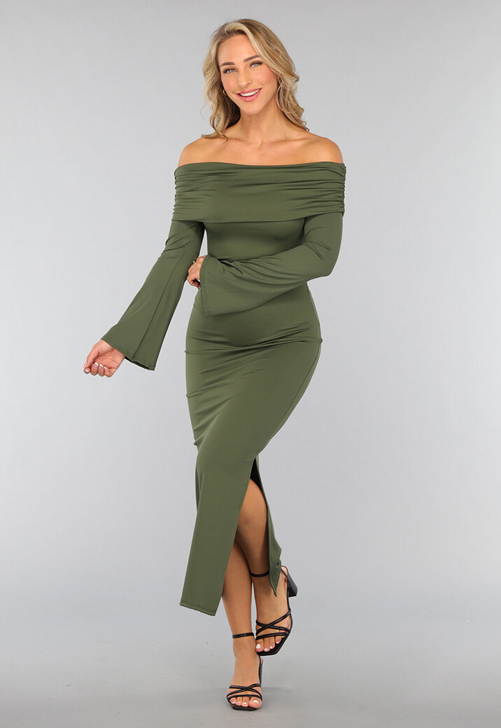 Jurkje Uwantisell Jurken Off Shoulder Jurk Met Split In Donkergroen
