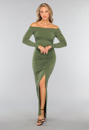 Donkergroene Geplooide Lange Jurk