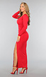 Rode Geplooide Lange Jurk met Split