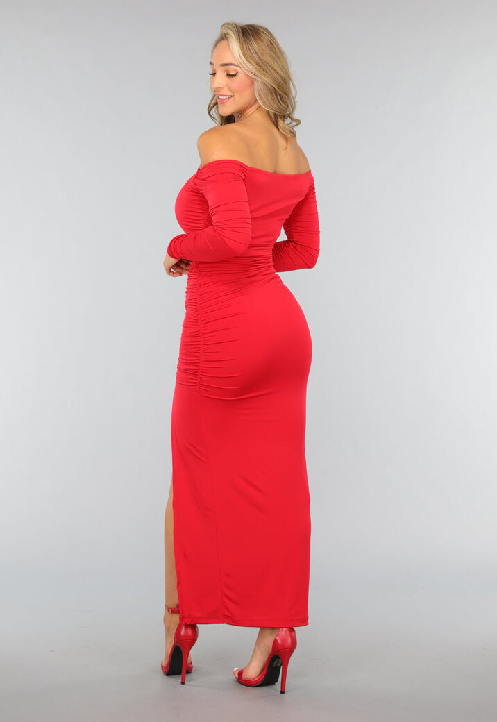 Rode Geplooide Lange Jurk met Split