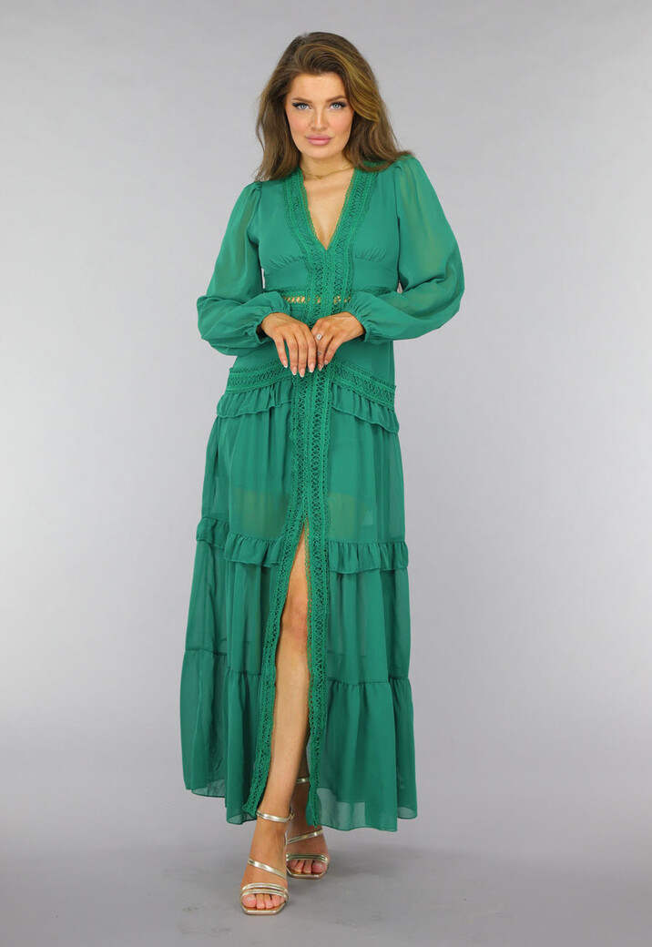 Groene Ruffle Jurk met Pofmouwen